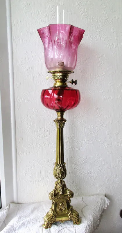 Antique English Victorian Cranberry Glass Oil Lamp