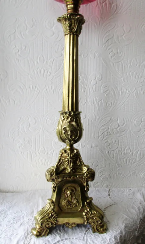 Antique English Victorian Cranberry Glass Oil Lamp