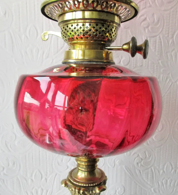 Antique English Victorian Cranberry Glass Oil Lamp