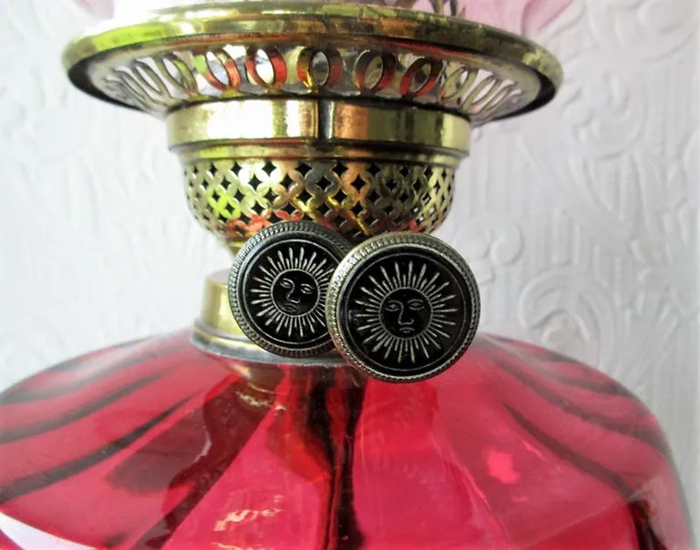 Antique English Victorian Cranberry Glass Oil Lamp