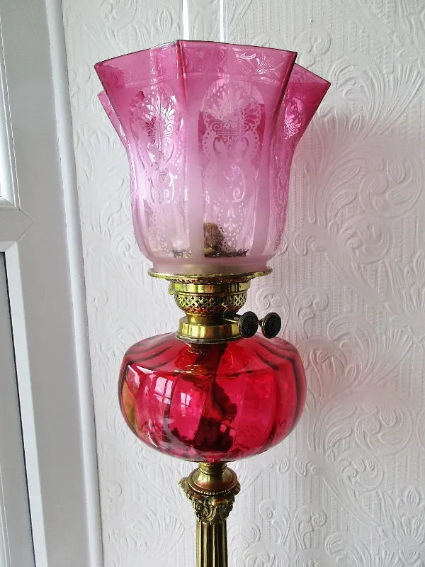 Antique English Victorian Cranberry Glass Oil Lamp