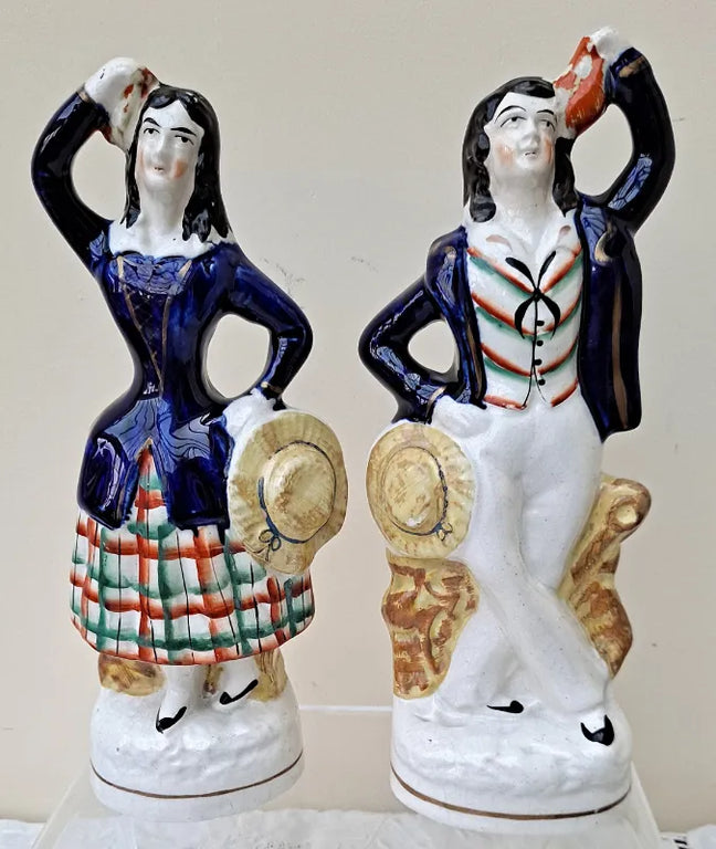Pair of Antique English Victorian Staffordshire Pottery Theatrical  Figures ~ 