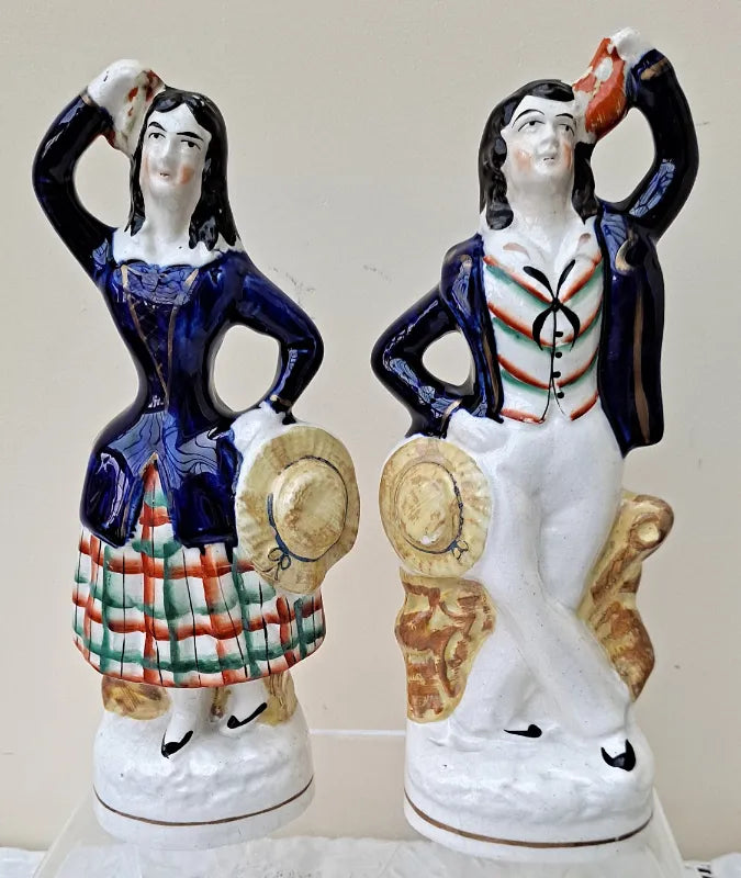 Pair of Antique English Victorian Staffordshire Pottery Theatrical  Figures ~ 