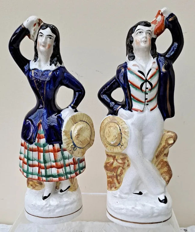 Pair of Antique English Victorian Staffordshire Pottery Theatrical  Figures ~ 