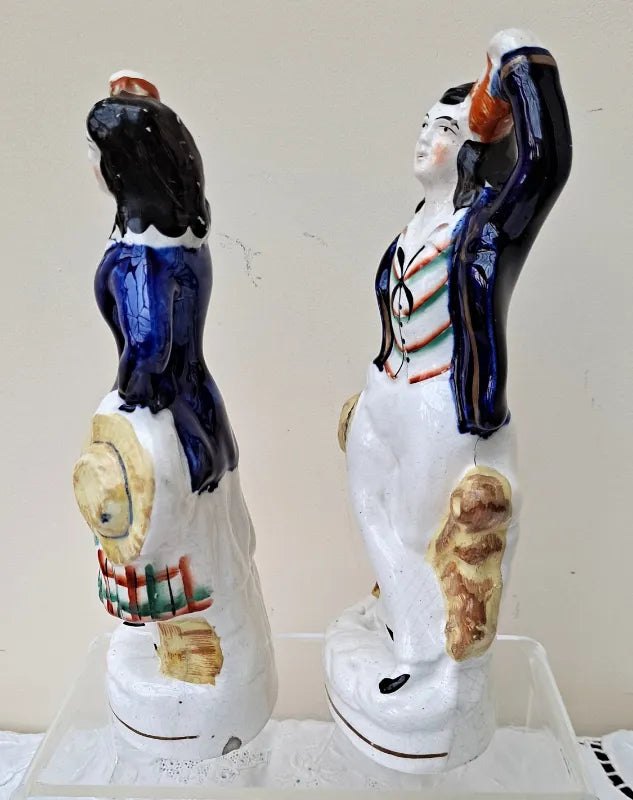 Pair of Antique English Victorian Staffordshire Pottery Theatrical  Figures ~ 