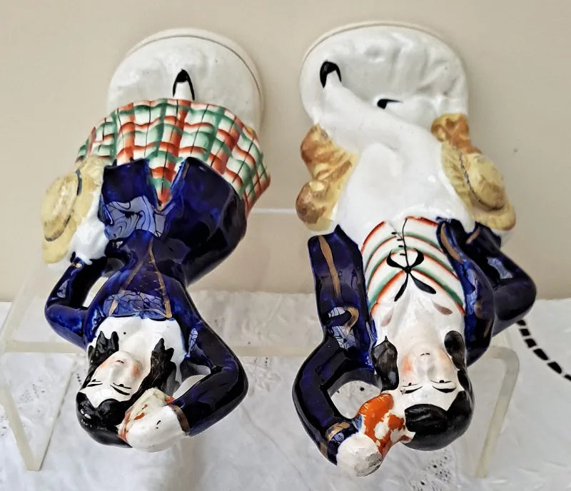 Pair of Antique English Victorian Staffordshire Pottery Theatrical  Figures ~ 