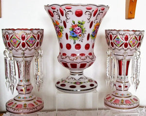 Garniture of Bohemian Overlay & Enamelled Glass Lustres & Vase
