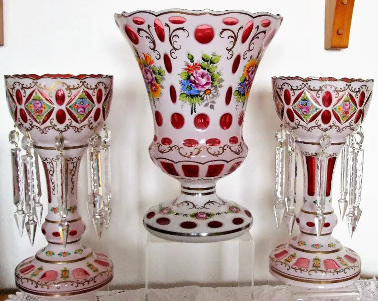 Garniture of Bohemian Overlay & Enamelled Glass Lustres & Vase
