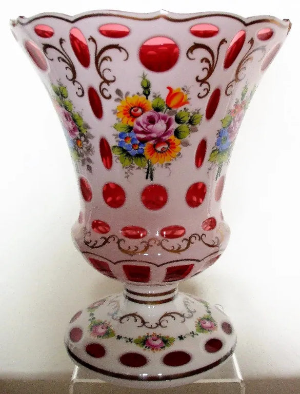 Garniture of Bohemian Overlay & Enamelled Glass Lustres & Vase