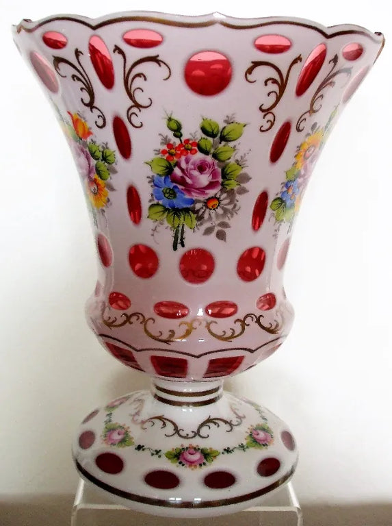 Garniture of Bohemian Overlay & Enamelled Glass Lustres & Vase