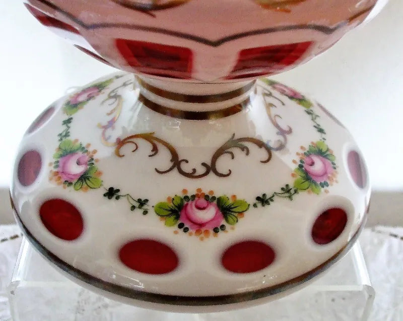 Garniture of Bohemian Overlay & Enamelled Glass Lustres & Vase