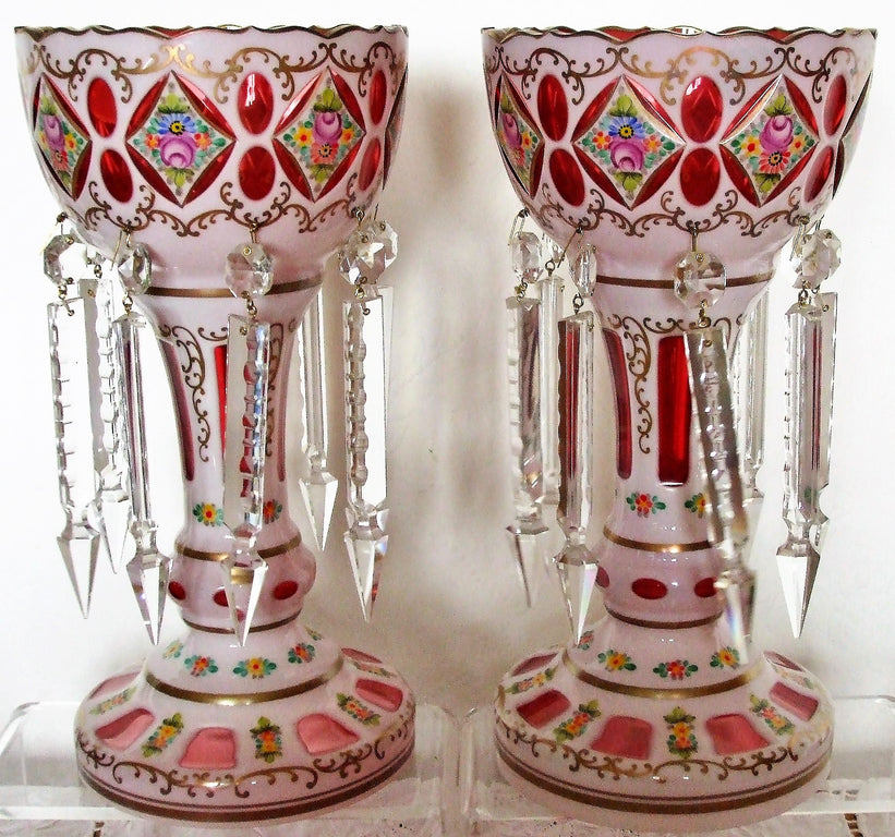 Garniture of Bohemian Overlay & Enamelled Glass Lustres & Vase