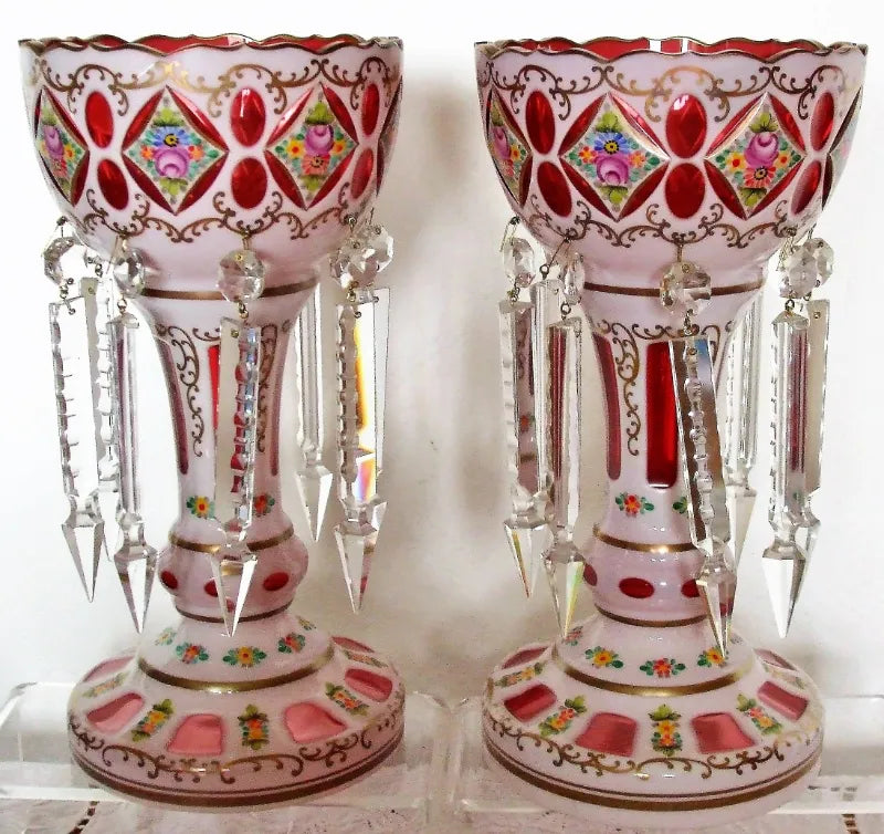 Garniture of Bohemian Overlay & Enamelled Glass Lustres & Vase