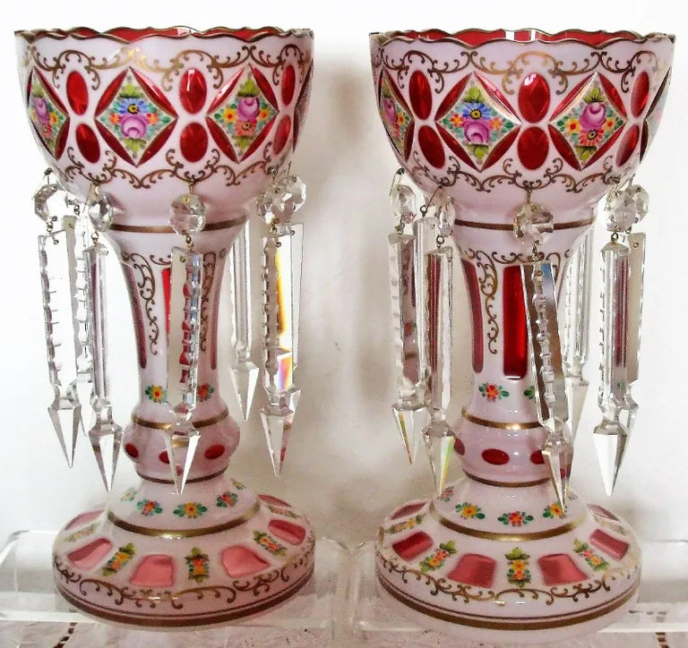Garniture of Bohemian Overlay & Enamelled Glass Lustres & Vase