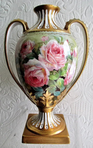 Hand-Painted & Gilded Porcelain Vase ~ "Cream and Pink Roses"