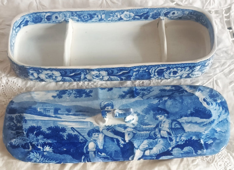 Antique English Georgian Blue and White Transfer Toothbrush Box