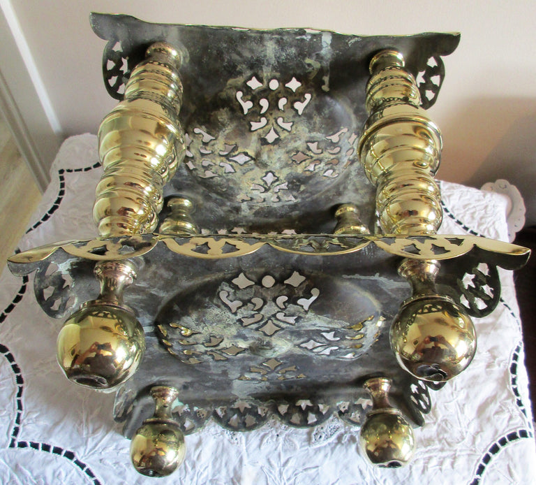 Antique English Victorian Brass Two Tier Trivet / Kettle Stand