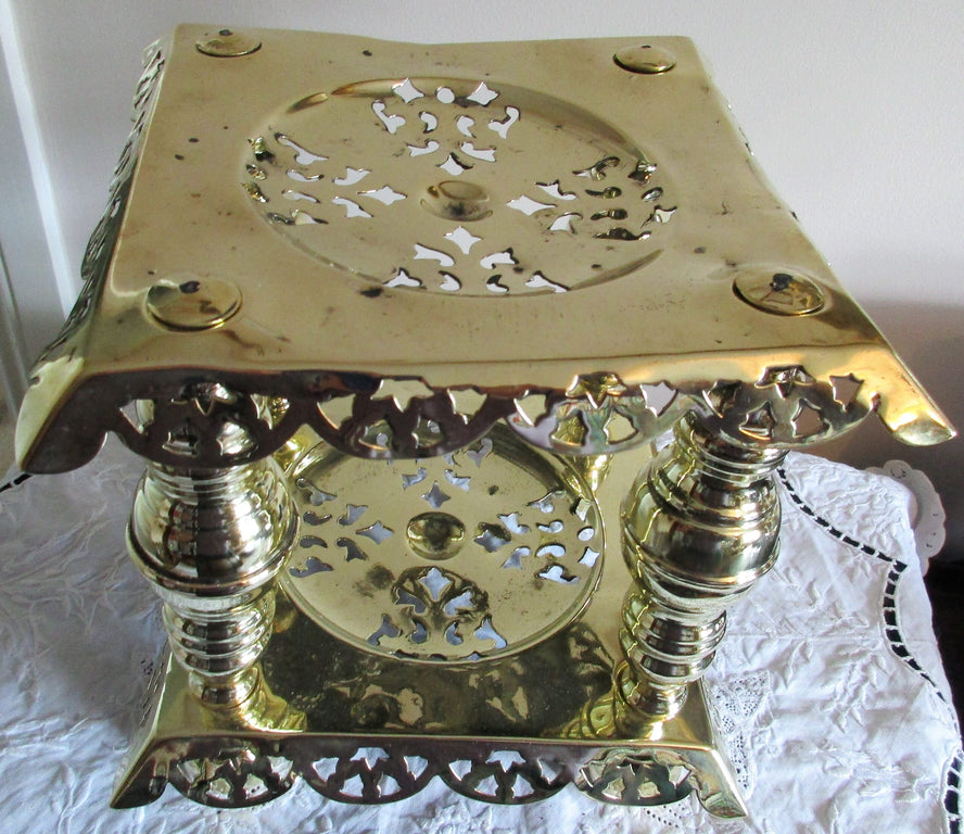 Antique English Victorian Brass Two Tier Trivet / Kettle Stand