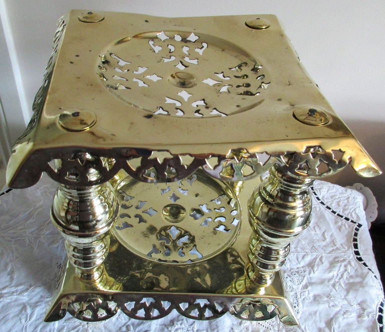 Antique English Victorian Brass Two Tier Trivet / Kettle Stand