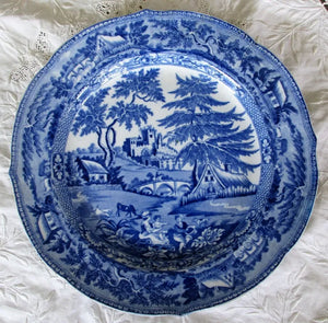 Antique Georgian Blue & White Transfer "Castle, Cottages & Bridge" Plate