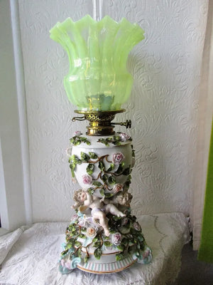 Antique German Victorian "Sitzendorf" Porcelain Cherubs Oil Lamp