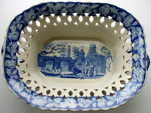 Antique Georgian Blue & White Transfer "River Scene with Fort" Chestnut Basket ~ J. & R. Clews