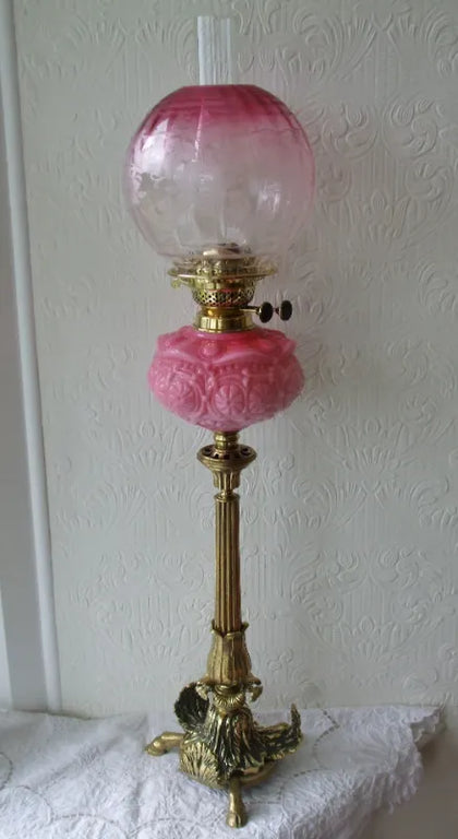 Antique English Victorian Cloven Hoof Brass Oil Lamp