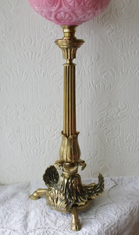 Antique English Victorian Cloven Hoof Brass Oil Lamp