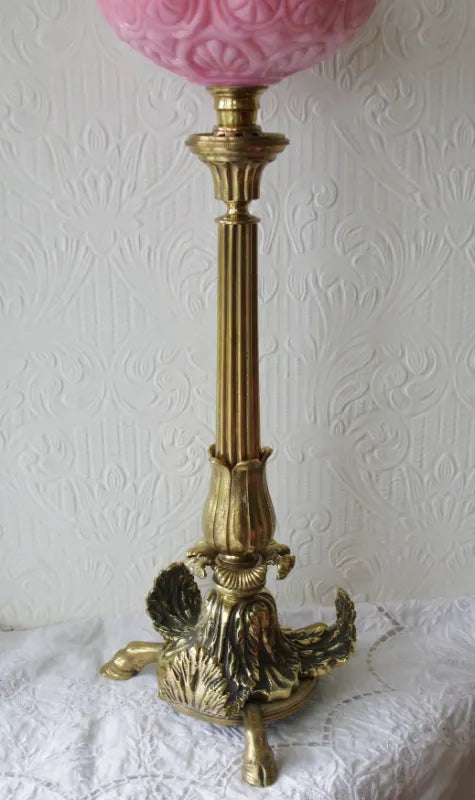 Antique English Victorian Cloven Hoof Brass Oil Lamp