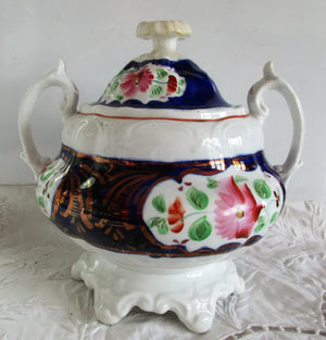 Antique Victorian Gaudy Welsh "Columbine" Pattern Sucrier & Cover