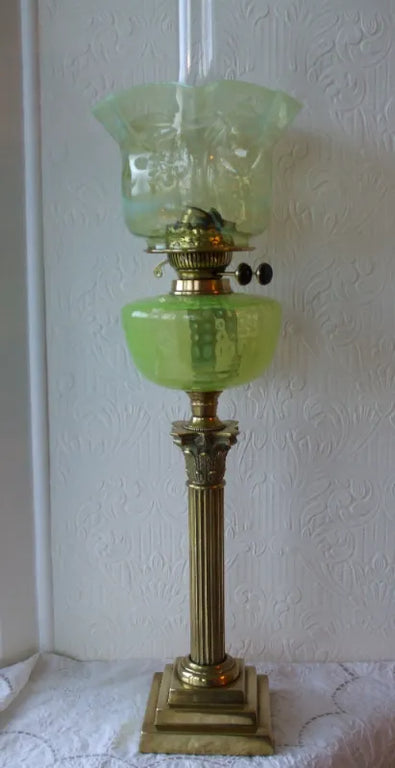 Antique English Victorian Vaseline Glass Oil Lamp