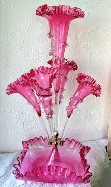 Antique English Victorian Cranberry Glass Epergne