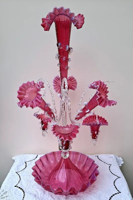 English Cranberry Glass Epergne ~ Horncastle Glass Studio