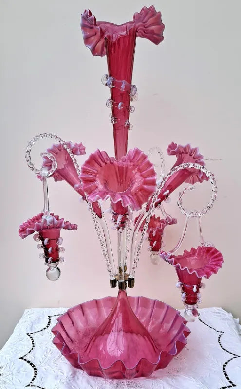 English Cranberry Glass Epergne ~ Horncastle Glass Studio