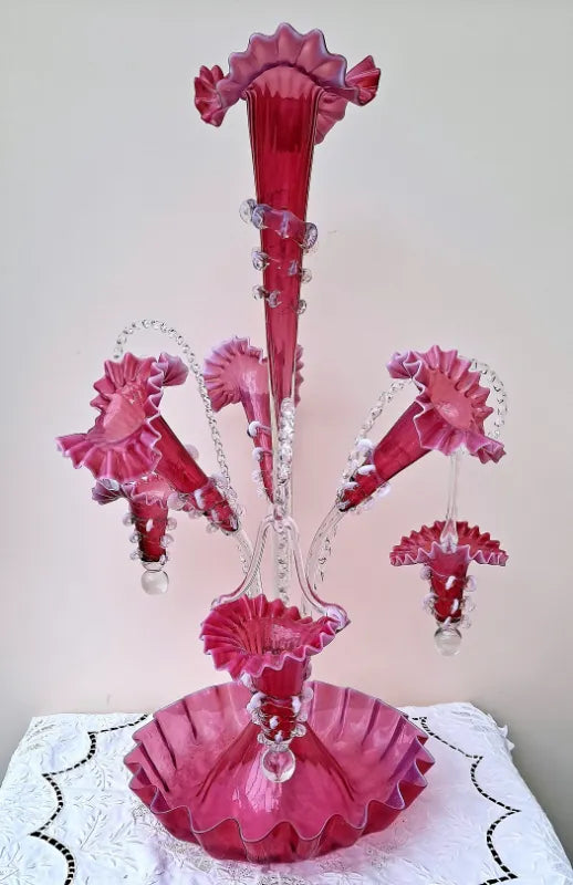 English Cranberry Glass Epergne ~ Horncastle Glass Studio