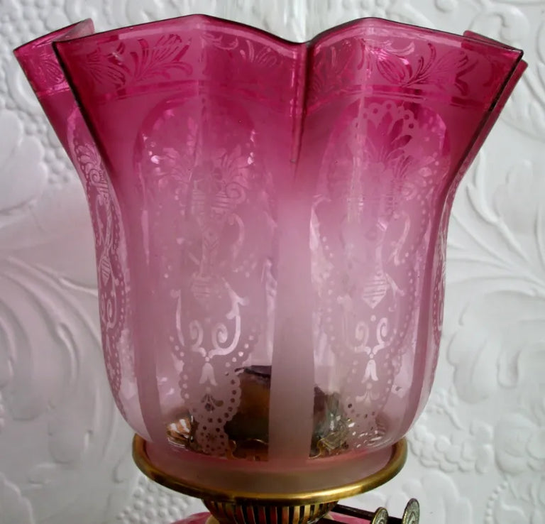 Antique English Victorian Cranberry Glass Oil Lamp Shade