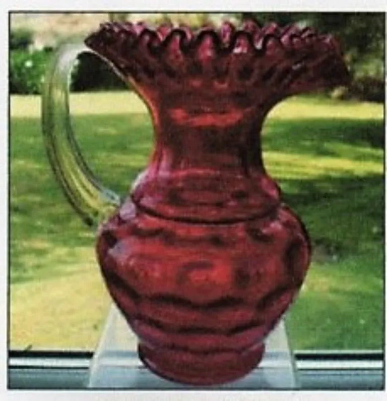 Antique English Victorian Cranberry Glass Scalloped Jug / Pitcher