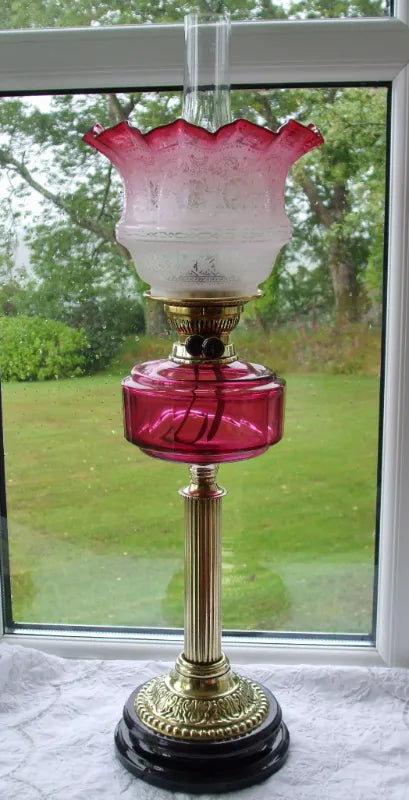 Antique English Victorian Cranberry Glass Oil Lamp