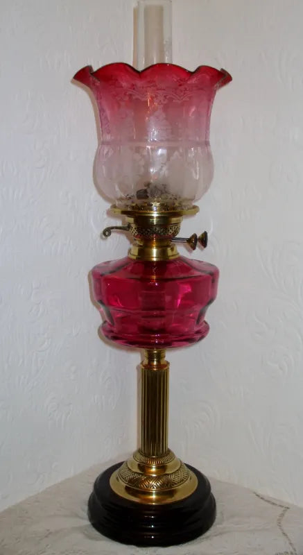Antique English Victorian Cranberry Glass Oil Lamp