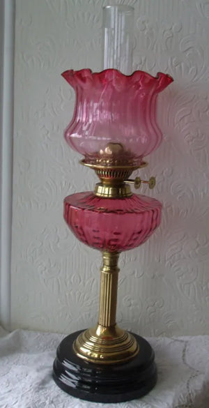 Antique English Victorian Cranberry Glass Oil Lamp