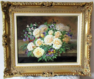 Cream Roses and Pansies ~ Oil on Canvas ~ Reg Johnson ~ c. 1990