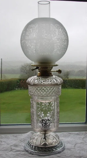 Vintage English Cut Glass & Brass Oil Lamp