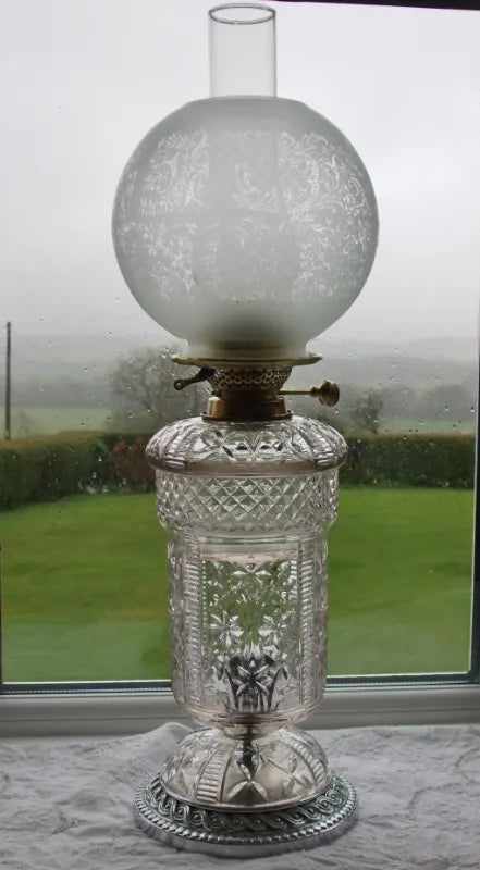 Vintage English Cut Glass & Brass Oil Lamp