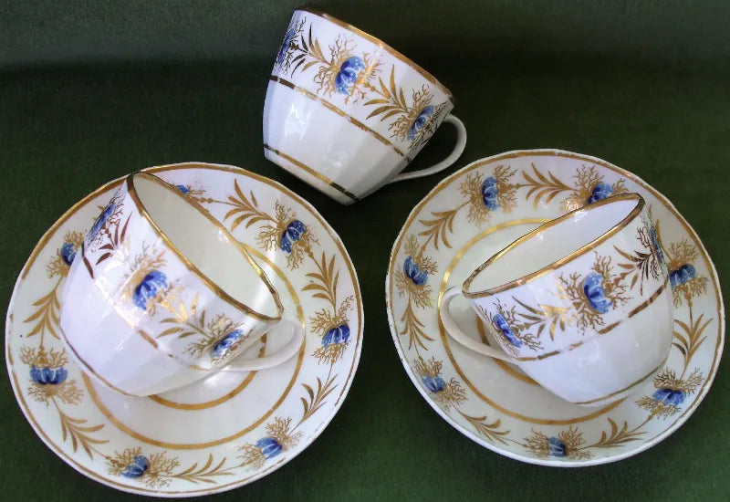 Pair of Antique English Georgian Derby Porcelain Tea Cups and Saucers