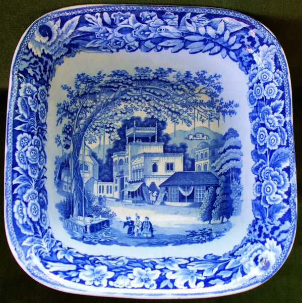 Antique English Georgian Blue and White Transfer "Eastern Street Scene" Pattern Pottery Bowl ~ J. & R. Riley