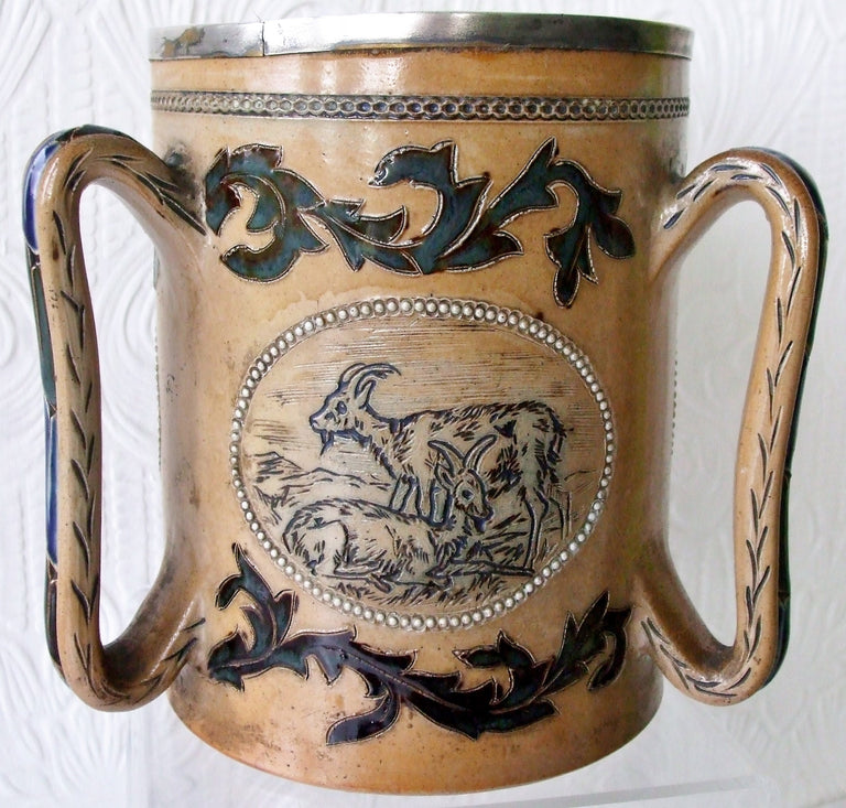 Antique English Victorian Doulton Lambeth Stoneware Tyg ~ Florence E. Barlow