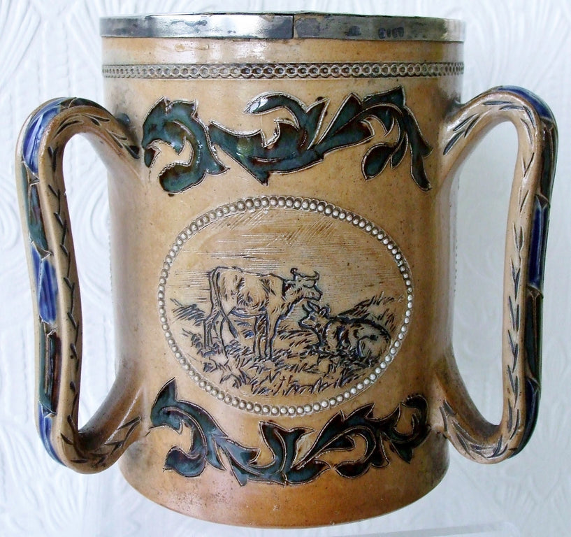 Antique English Victorian Doulton Lambeth Stoneware Tyg ~ Florence E. Barlow