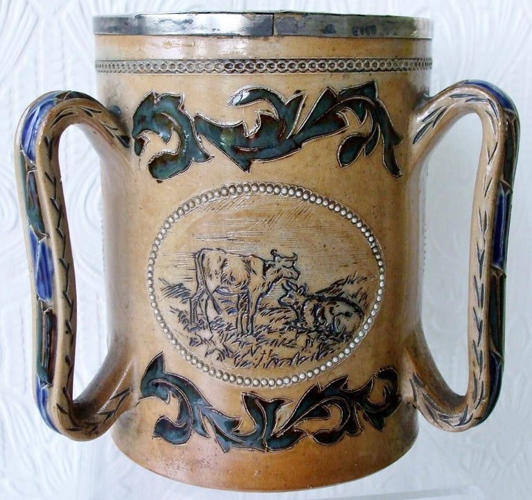 Antique English Victorian Doulton Lambeth Stoneware Tyg ~ Florence E. Barlow