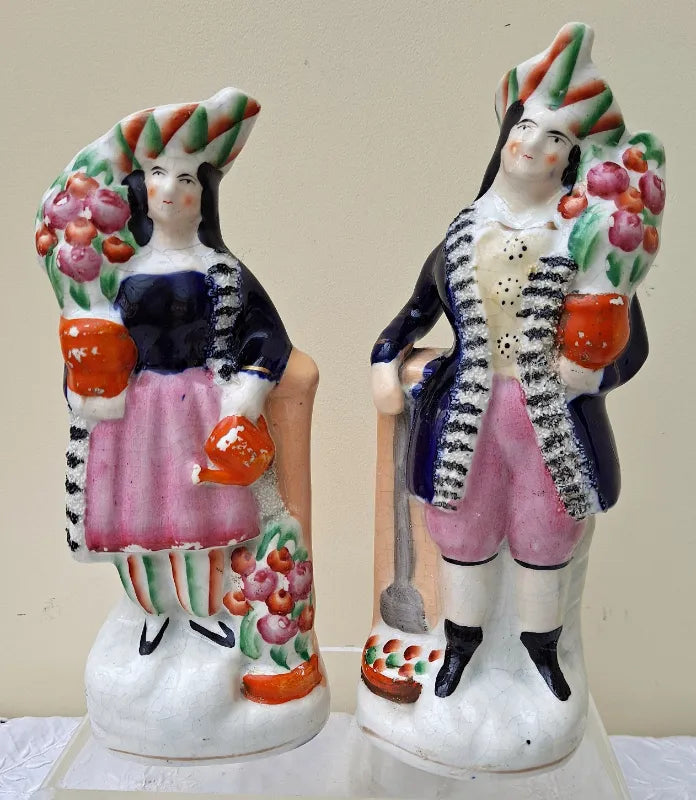 Pair of Antique English Victorian Staffordshire Pottery Gardeners