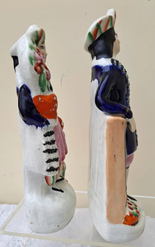 Pair of Antique English Victorian Staffordshire Pottery Gardeners